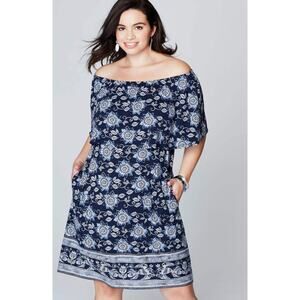 New J. Jill Floral Dress Blue Elasticized Boat Neck Side Pocket Half Sleeve Sz L